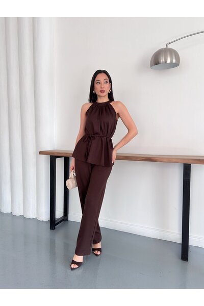 BELISTIL Halter Yaka Kuşaklı Pantolonlu Şık Giy Çık İkili Takım