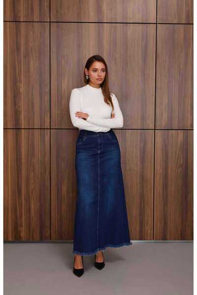 Neways 2252-Denim Ara Boy Püsküllü Etek Koyu Mavi