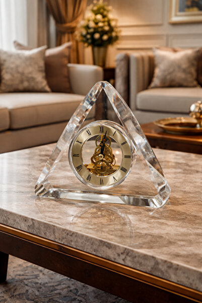 Vinner Prism Crystal Kristal Masa Saati Gold Mekanik İskelet Dekoratif Ofis S...