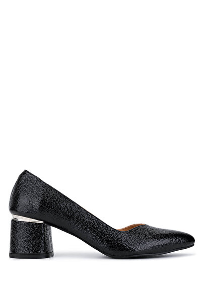 Tamer Tanca Women's Genuine Leather Black Wrinkled Patent Leather Heeled Shoes