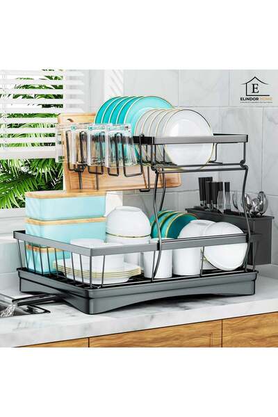 Elindor ® Tiered Dish Rack, Built-in Sink Plate Stand, Dish Dryer, Cutlery, 4...