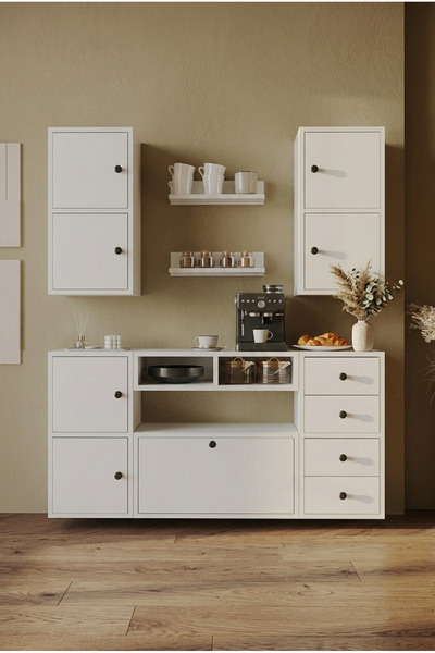 FOR WOMAN DESİGN Ahşap Modern Kahve Köşesi Çok Amaçlı 7 Kapaklı Konsol Dolap ...