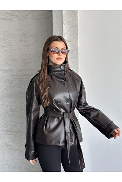 VESS MODA Hakim detaliu la guler Short piele Trench coat