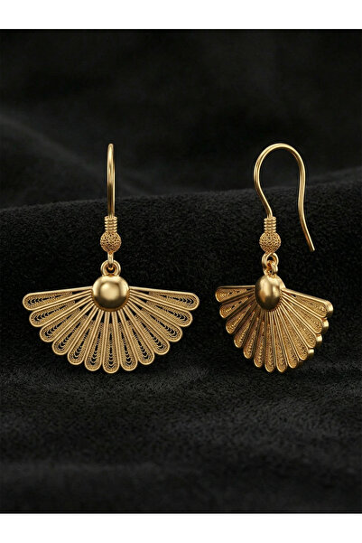 Erdobia 925 Ayar Gümüş Altın Renk Geleneksel Telkari Yelpaze Kancalı Küpe - E...