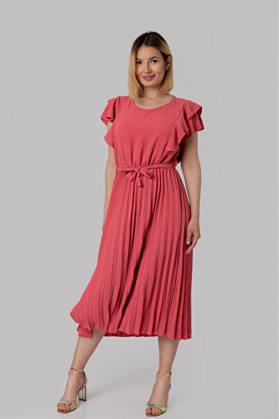 OEM Rochie plisata corai cu volane pe maneci