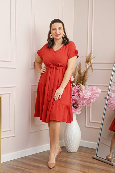 OEM Elegant brick red dress with ruffles and drawstring waist