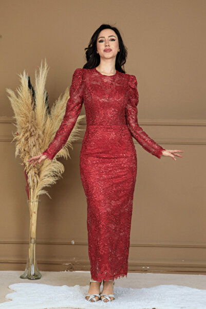 BEYBOS فستان من قماش الترتر دانتيل لي تفاصيل الظهر - أحمر