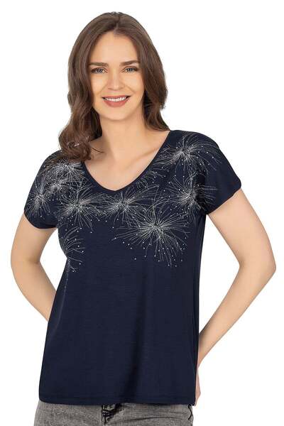 Kompedan Kadın Işıltı Taş Detaylı Desenli Viskon Bluz | Özkan Lacivert 25501