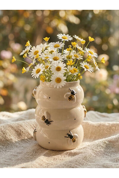 woness studio El yapımı Arı Figürü Kabartmalı Seramik Vazo