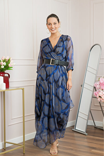 OEM Rochie elegantă cu animal print albastru și curea în talie