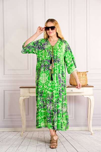 OEM Green boho-chic dress with purple floral prints