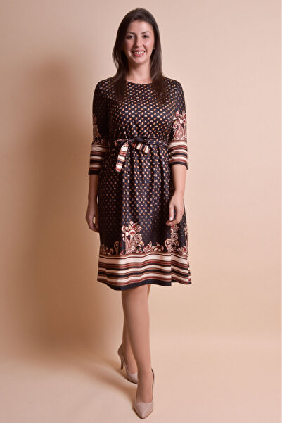 OEM Rochie office maro cu imprimeu floral bej și șnur în talie