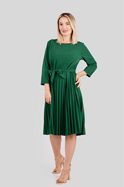 OEM Rochie verde cu pliuri cu mâneci trei sferturi și șnur în talie