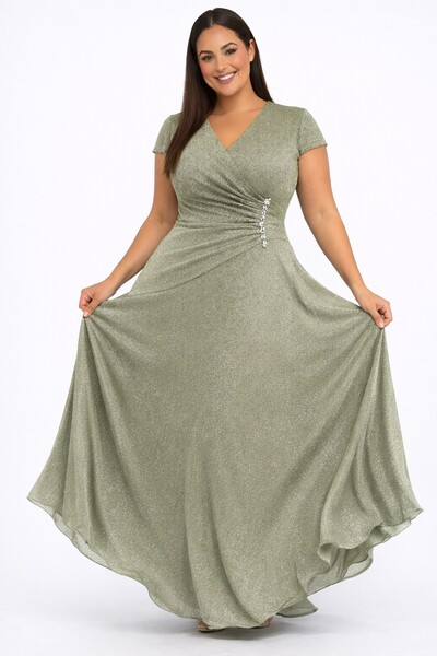 By Saygı Kadın V Yaka Yarım Ay Kollu Astarlı Taş Aksesuarlı Simli Büyük Beden...