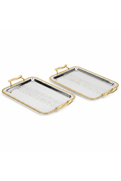 AKDC Najib 2-Piece Silver Rectangular Stainless Steel Serving Tray Set with S...