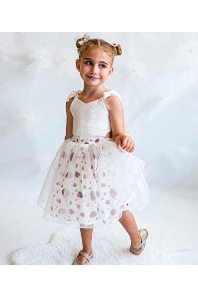 LİTTLE ANGELS فستان الأميرة توتو الأبيض ذو طابع الفراولة للفتيات