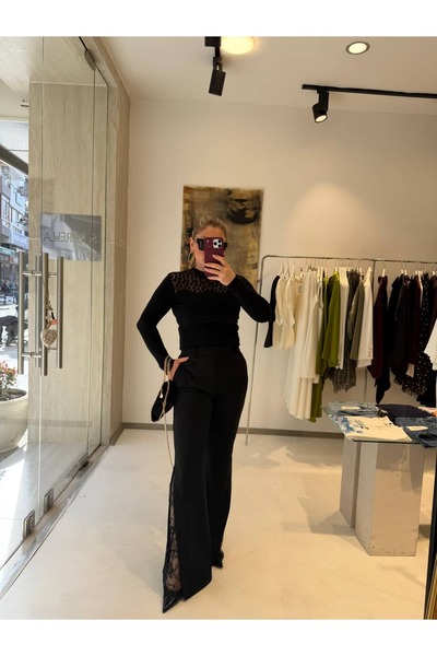Serpirella Butik crep Pantaloni din material textil cu dantelă detalii