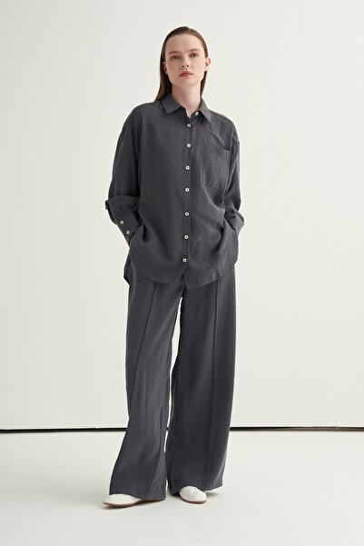 EBU Prive Set cămașă și pantaloni pentru femei modal supradimensionat Smoked