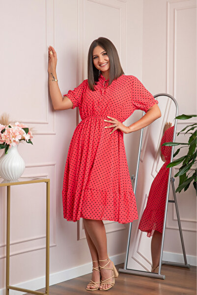 OEM Rochie retro rosie Brenda cu buline si maneci bufante