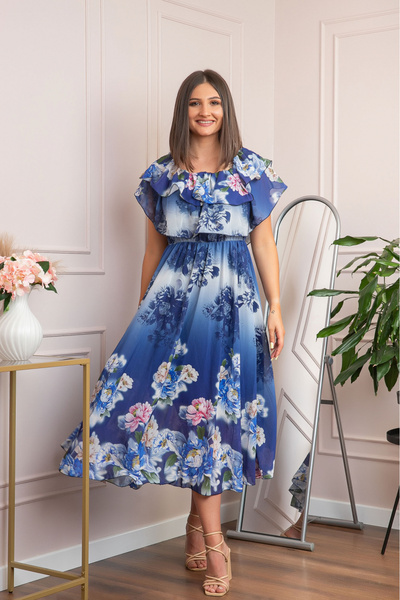 OEM Elegant dress with voluminous ruffles and navy blue floral print