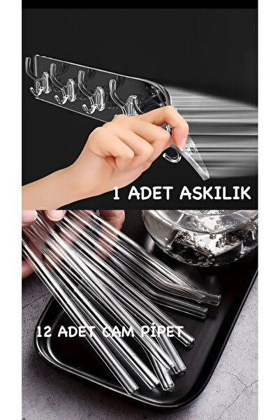 alpikom 1 ADET KENDİNDEN YAPIŞKANLI GÜÇLÜ ŞEFFAF ASKILIK-12 ADET CAM PİPET