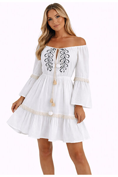 Nobrand Women's white boho dress with black embroidery and adjustable drawstr...