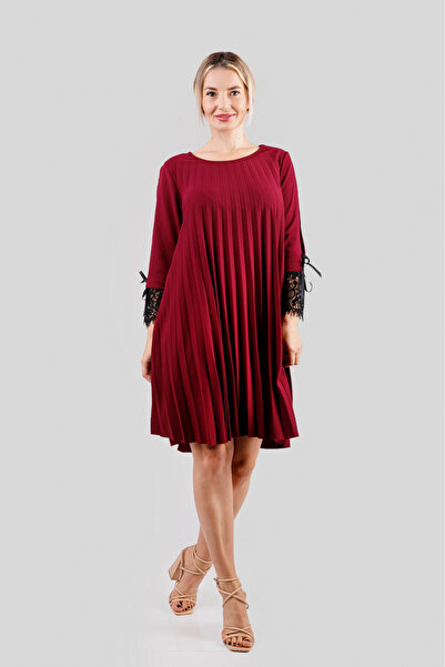 OEM Rochie cu pliuri vișinie cu inserție de dantelă