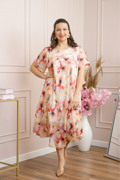 OEM Chiffon dress with asymmetrical hem and ivory abstract print