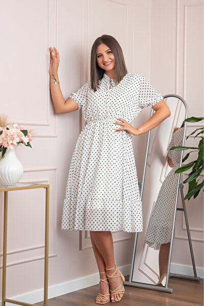 OEM Rochie retro alba Brenda cu buline si maneci bufante