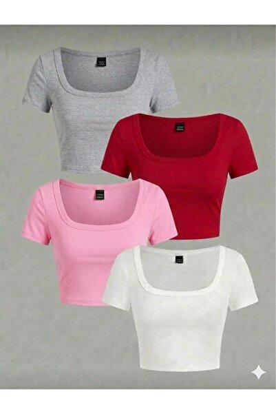 MİLYA&GYM Kadın 4'lü Paket Fitilli Kaşkorse Pamuklu Vücuda Yapışan KARE YAKA ...