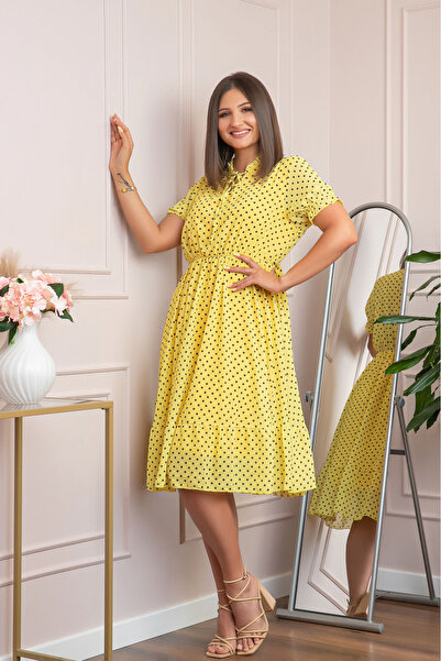 OEM Rochie retro galbenă cu buline și mâneci bufante