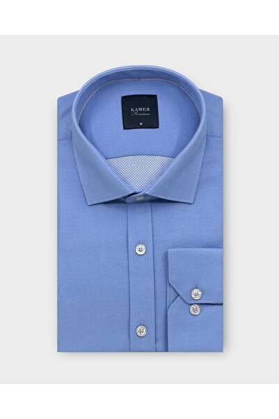 KAMER Men's Regular Fit Long Sleeve Classic Collar Dobby Blue Shirt 3850m