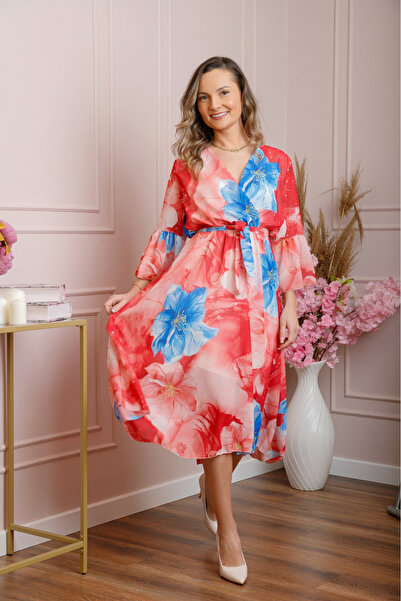 OEM Rochie elegantă din șifon roșu cu imprimeu floral