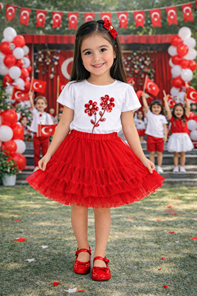 HER ŞEY NOTA www.herseynota.com Κοριτσίστικο Σετ με Λευκό Μπλουζάκι και Κόκκι...