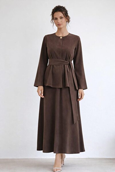 1434 Polo State Women's Belted Suede Textured Blouse Skirt Set – Brown