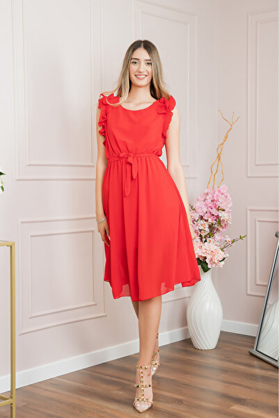OEM Red chiffon dress with ruffles and drawstring waist