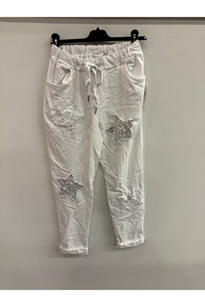 della moor Women's White Italian Star D Patterned Sequined Elastic Waist Lace...