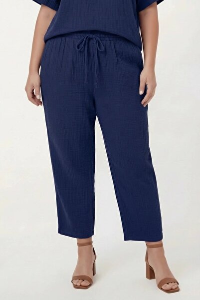 RMG Elastic Waist Lace-Up Women's Plus Size Trousers Navy Blue