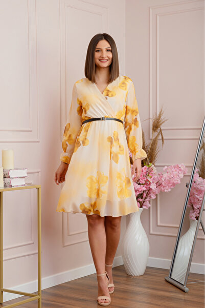 OEM Rochie elegantă din șifon cu imprimeu floral galben și corsaj petrecut