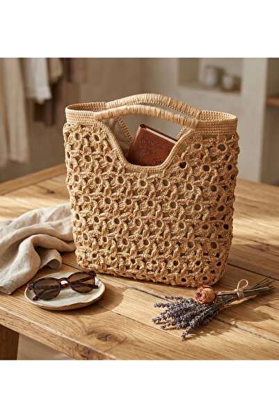 sostyles butik Doğal Rafya İpi El Örgüsü Kroşe Shopper Çanta Kadın Yazlık Pla...