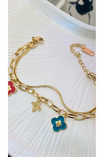 SELUVİA Gold Color Clover Model Steel Luck Bracelet – Crushed Chain Double Wo...