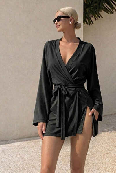 COMBİNE MİCHAİL Women's Soft V-Neck Belted Black Kimono