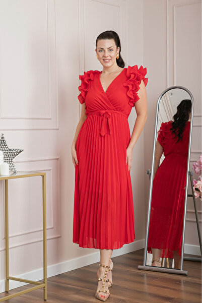 OEM Rochie roșie cu pliuri cu volane și șnur în talie