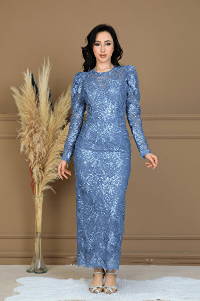 BEYBOS Lace Piece Sequin Fabric Back Detail Pencil Dress - Indigo Blue