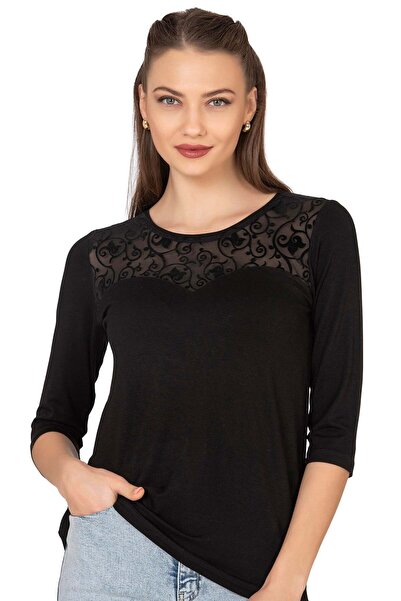 Kompedan Kadın Transparan Yaka Garnili Bluz | Özkan Siyah 25250