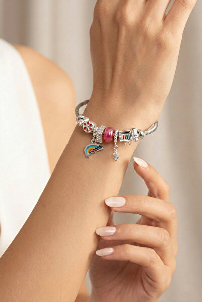 Wuclo سوار من الفضة الفوشيه مع تفاصيل ساحرة بتصميم قوس قزح وفني