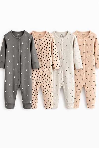 Next Baby Set of Cotton Cream Brown Footless 4-Piece Jumpsuits