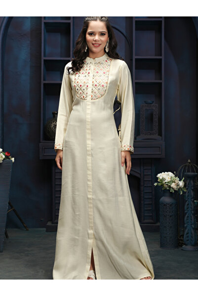Maxim Creation By Styli Cream Embroidered Neckline Jalabiya
