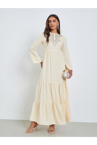 Styli Cream Embellished Yoke Tiered Maxi Dress