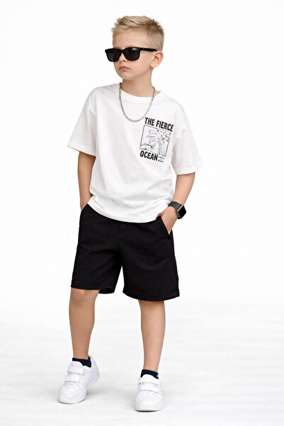 Bambam Set de vară pentru băieți, tricou alb cu imprimeu și pantaloni scurți ...